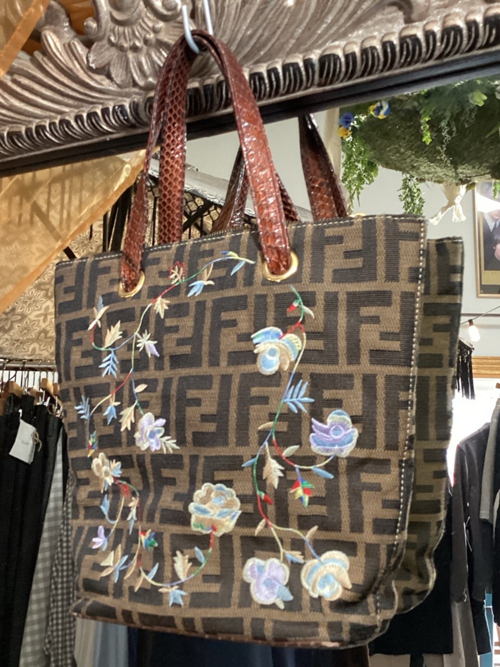 Fendi Brown Zucca Embroidered Floral Tote with Brown Leather Handles